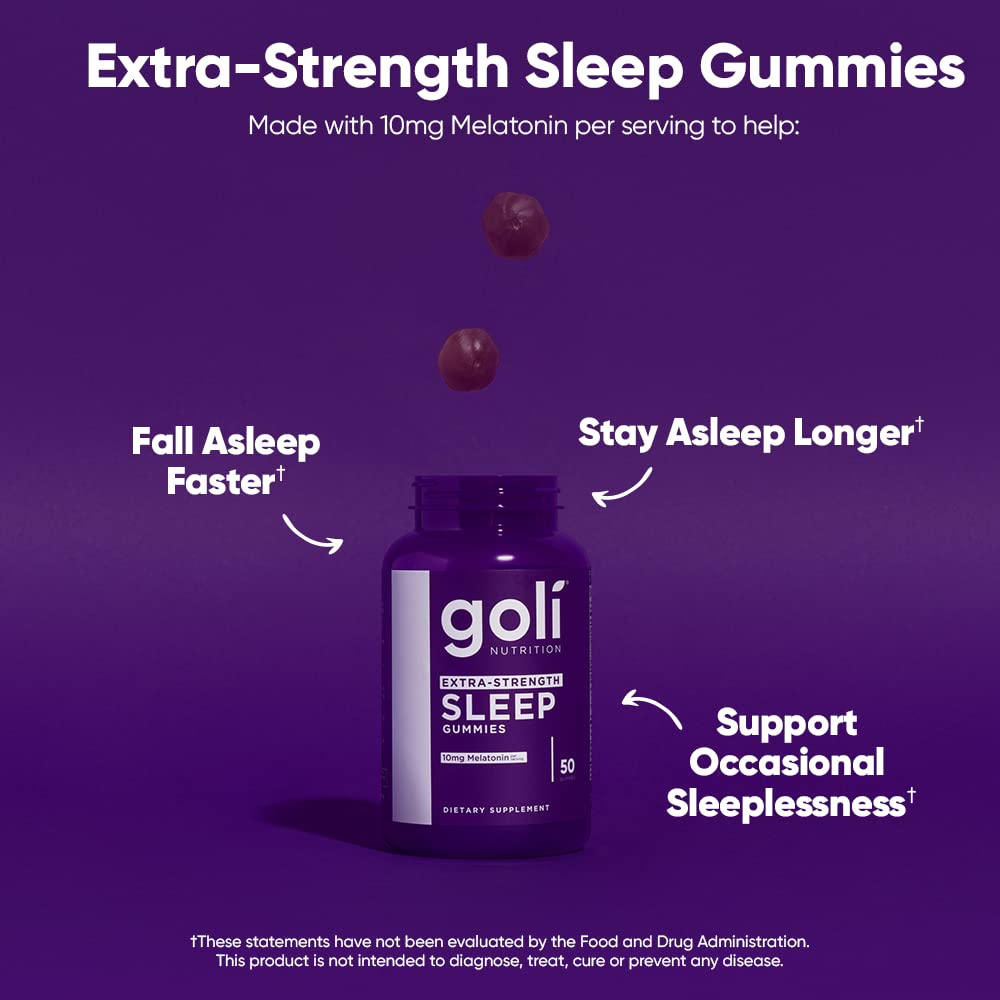Goli Nutritional Supplement, Extra Strength Sleep Gummy 10mg Melatonin - 1 Pack 50 Count - Gluten-Free, Vegan, Non-GMO, and Gelatin-Free Goli