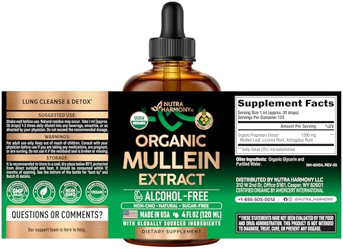 Mullein Drops for Lungs - USDA Organic Liquid - Mullein Leaf Extract Supplement - Made in USA - Lung & Bronchial Cleanse for Smokers - Respiratory Health Support NUTRAHARMONY