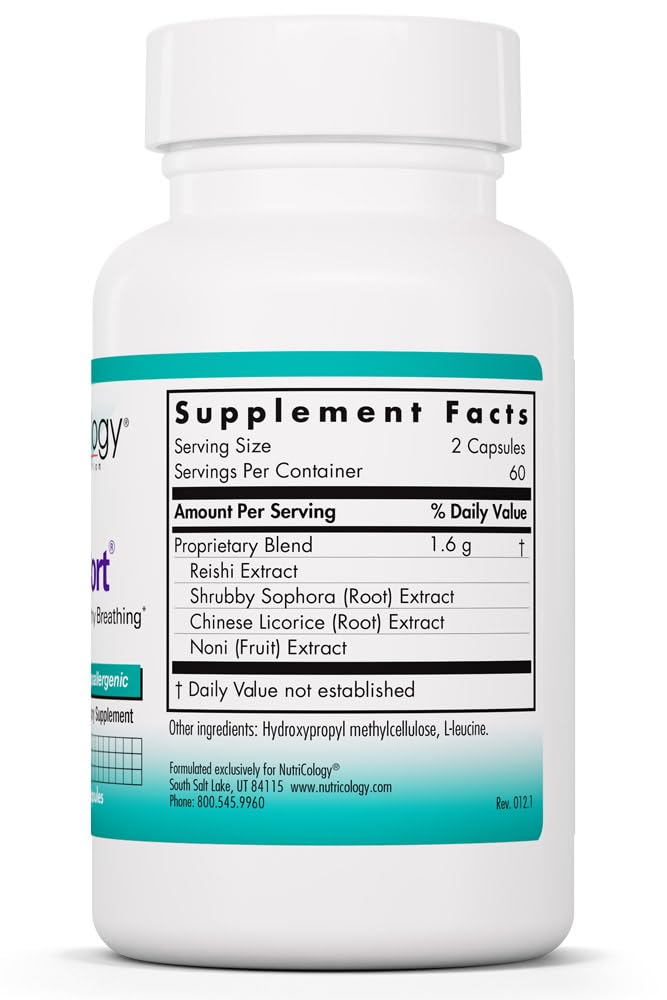 Nutricology PhytoCort Supplement - Respiratory Support, Lung Health, Lung Detox, Lung Cleanse, Healthy Breathing, Herbal Support, Reishi, Licorice, Noni, Vegetarian Capsules - 120 Count Nutricology