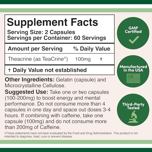 Theacrine (Teacrine) 100 Mg, 60 Capsules - Energy and Focus Supplement (Similar to Caffe Double Wood Supplements