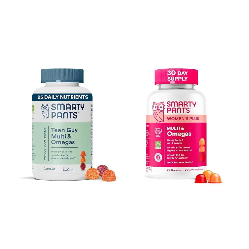 SmartyPants Women's and Teen Guy Multivitamin Gummies Bundle: Omega 3 (DHA/EPA), Methylfolate, CoQ10, Vitamin D3, C, Vitamin B12, B6, Vitamin A, K & Zinc, Gluten Free (30 Day Supply) SmartyPants