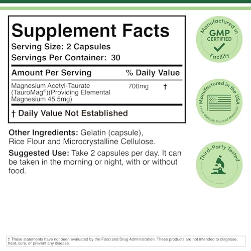 Magnesium Acetyl-Taurate (ATA MG, TauroMag) Novel and Patented Form of Magnesium for PMS and Cramp Relief (60 Capsules, 350mg) PMS Relief Magnesium Supplement by Double Wood Supplements Double Wood Supplements