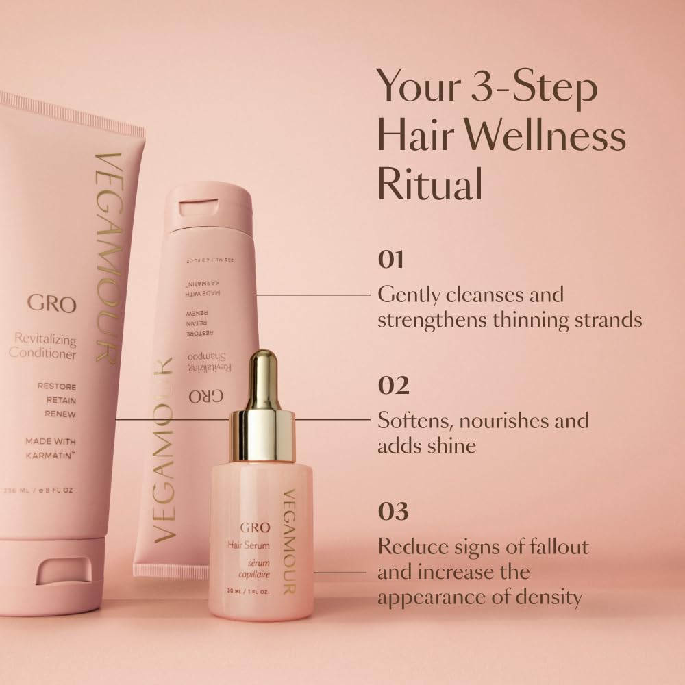 Vegamour Essentials Kit: Revitalizing Shampoo & Conditioner, Hair Serum, Weightless Repair Oil for All Hair Types VEGAMOUR