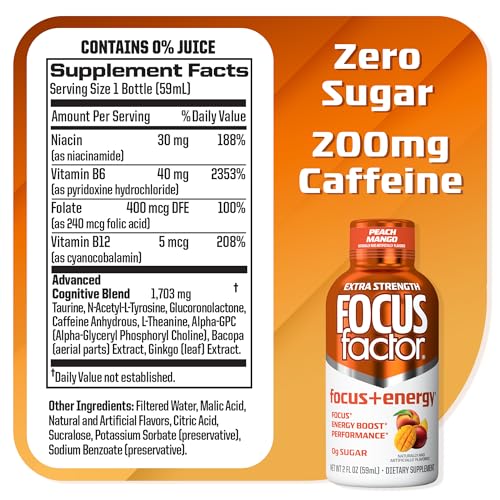 Focus Factor Extra Strength Focus + Energy Shots - 12 x 2oz Bottles (Peach Mango Flavor) - Powered by Nootropics with Caffeine, L-Theanine, Ginkgo, Bacopa, L-Tyrosine, Alpha GPC Focus Factor