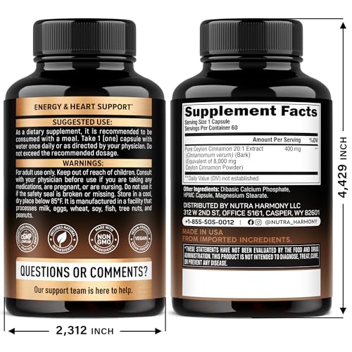 Ceylon Cinnamon Capsules - Extra Strength - Energy Heart & Metabolism Support for Men & Women - Pure Natural Cinnamon 20:1 Extract Supplement NUTRAHARMONY