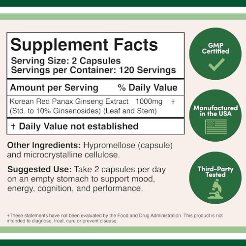Ginseng Capsules (Korean Red Ginseng Extract, Panax Ginseng 10% Ginsenosides) Double Wood Supplements