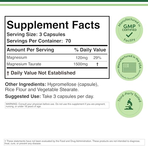Magnesium Taurate Supplement for Cardiovascular Health to Boost Magnesium Levels (1,500mg per Serving, 210 Vegan Capsules) Non-GMO, Gluten Free Double Wood Supplements