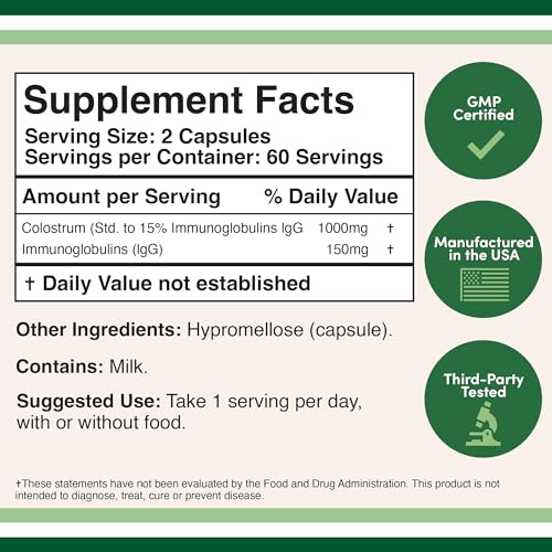 Colostrum Supplement 120 Capsules, 1,000mg per Serving (Bovine Colostrum Powder Double Wood Supplements