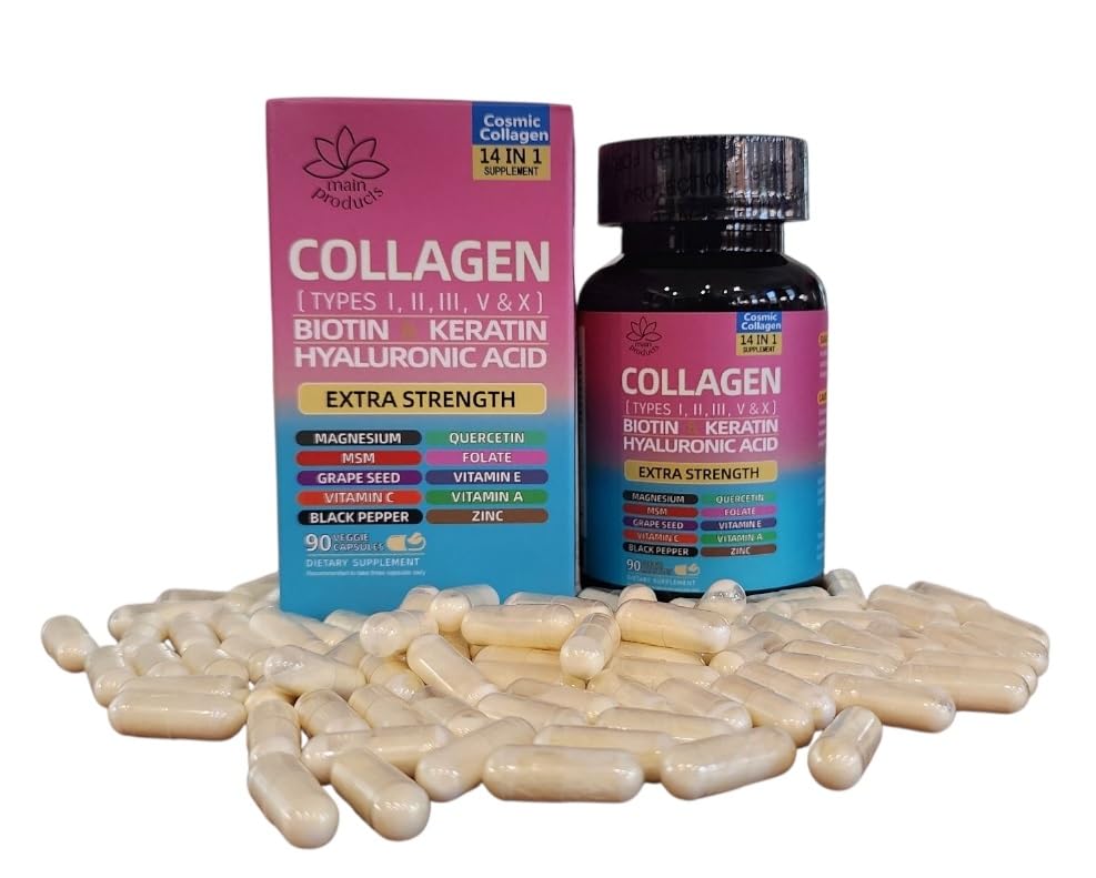 Collagen Peptides Types I, II, III, V & X, 64000 MCG, 14 in 1, Biotin, Keratin, Hyaluronic Acid, Magnesium, MSM, Grape Seed, Vitamin A C & E, Black Pepper, Quercetin, Folate, Zinc (90 Veggie Caps) Main Products
