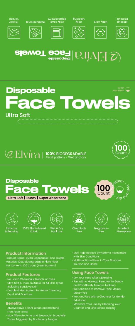 Elvira 100 Count Disposable Face Towels,Ultra Soft Skincare Facial Towels Elvira