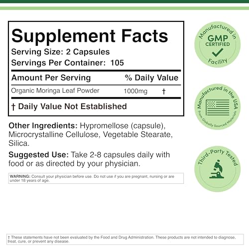 DWS Organic Moringa Capsules 1000mg - Pure Moringa Powder for Energy & Immune Support - Green Superfood Rich in Antioxidants Double Wood Supplements