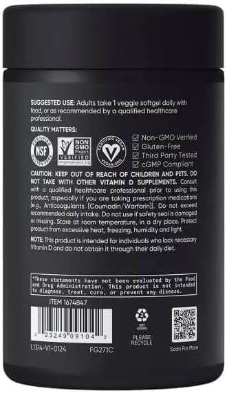 Sports Vitamin D3 K2 with 5000iu of Plant-Based D3 & 100mcg of Vitamin K2 as MK-7, Non-GMO Verified & Vegan Certified - 160 Liquid Softgels - Pack1 Generic