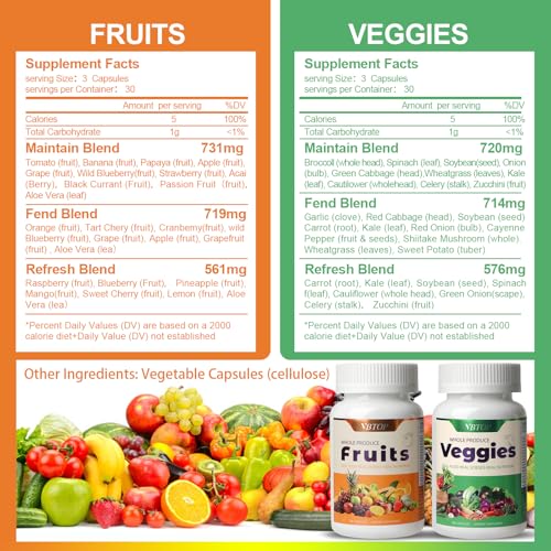 VBTOP Fruit & Vegetable Supplement - Natural Ingredients - 2 Bottles - 180 Capsules Total | A Blend of 20+19 Natural Whole Fruits & Vegetables, a Fresh superfood Formula Rich in Vitamins and Minerals VBTOP
