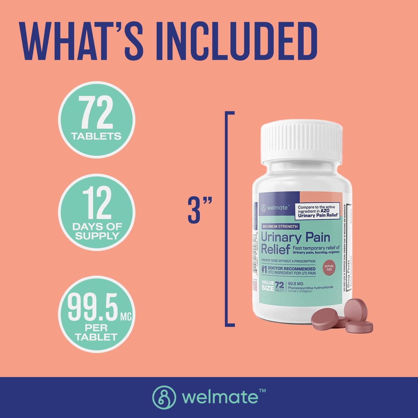 WELMATE Urinary Pain UTI Relief Maximum Strength (Phenazopyridine HCL) - Improve Urinary Tract Health & Bladder Control, Urgency, & Discomfort | Over-The-Counter Medication for Men & Women (72 Pills) WELMATE