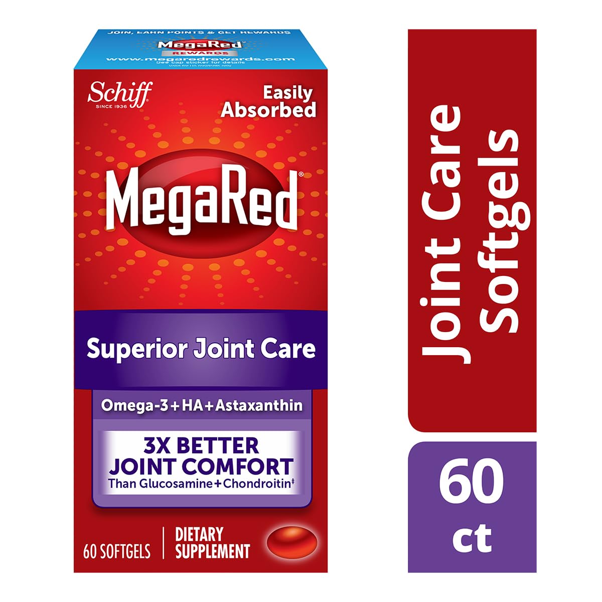 Omega-3 Krill Oil and Joint Supplement - Megared Joint Care 60 softgels - EPA/DHA fatty acids, Antioxidants, Hyaluronic acid, No fishy burp aftertaste as with Fish Oil MegaRed