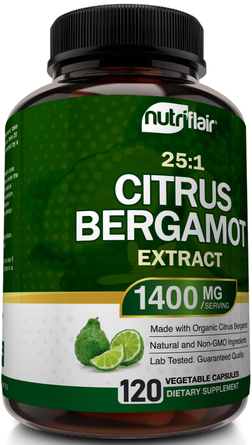 NutriFlair Organic Citrus Bergamot 1400mg, 120 Capsules - 25:1 Bergamia - Essential Oil and Citrus Bioflavonoids - Natural Heart Health Supplements NutriFlair