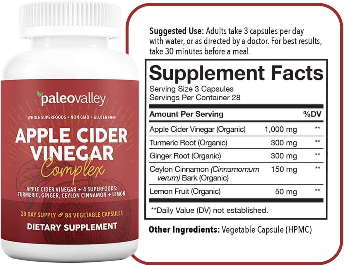 Paleovalley Apple Cider Vinegar Complex with Superfoods - Turmeric, Ginger, Ceylon Cinnamon and Lemon - 84 Vegetable Capsules Paleovalley