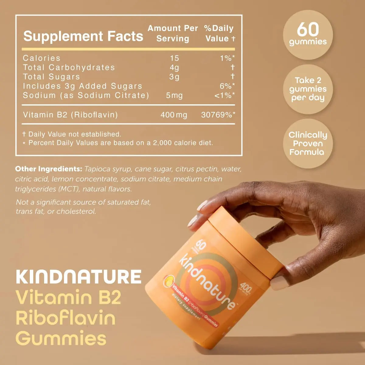 kindnature Vitamin B2 Gummies - Riboflavin 400mg Supplement for Kids & Adults - Non-GMO, Soy & Gluten-Free, Vegan Chewable Gummies (30 Day Supply) (2) kindnature