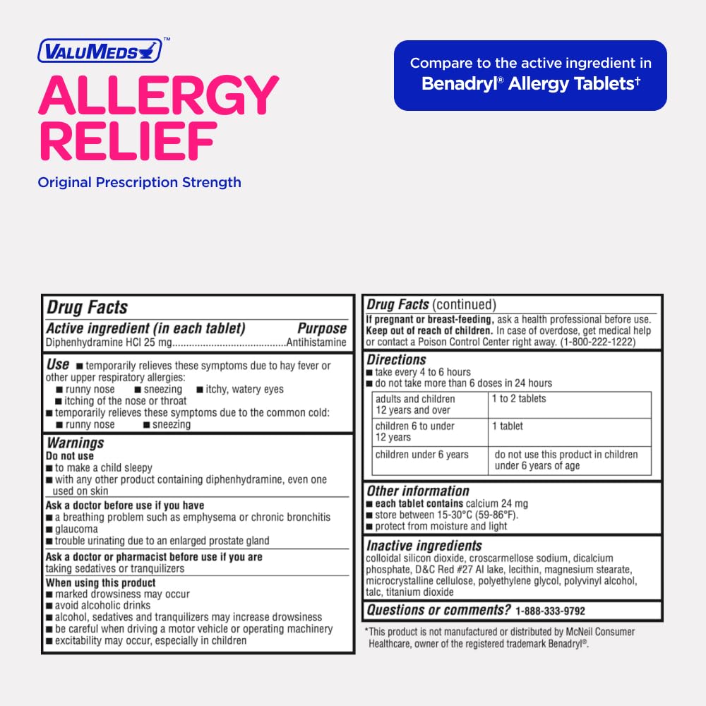 ValuMeds Allergy Medicine Antihistamine, Diphenhydramine HCl 25 mg | Children and Adults | Relieve Itchy Eyes, Runny Nose, Sneezing (25 mg, 600 Count) ValuMeds