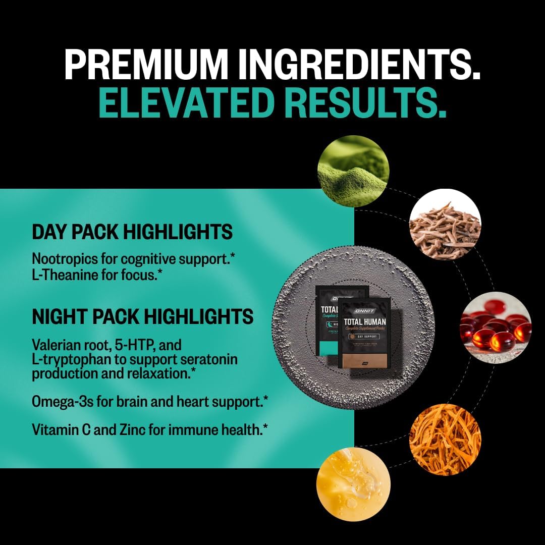 ONNIT Daily Performance & Wellness Bundle: Alpha Brain Nootropic Capsules (90 Count) + Total Human Day & Night Packs (30-Day Supply), IGEN Non-GMO Tested Focus, Energy & Clarity, Pack of 2 Gsupps Australia