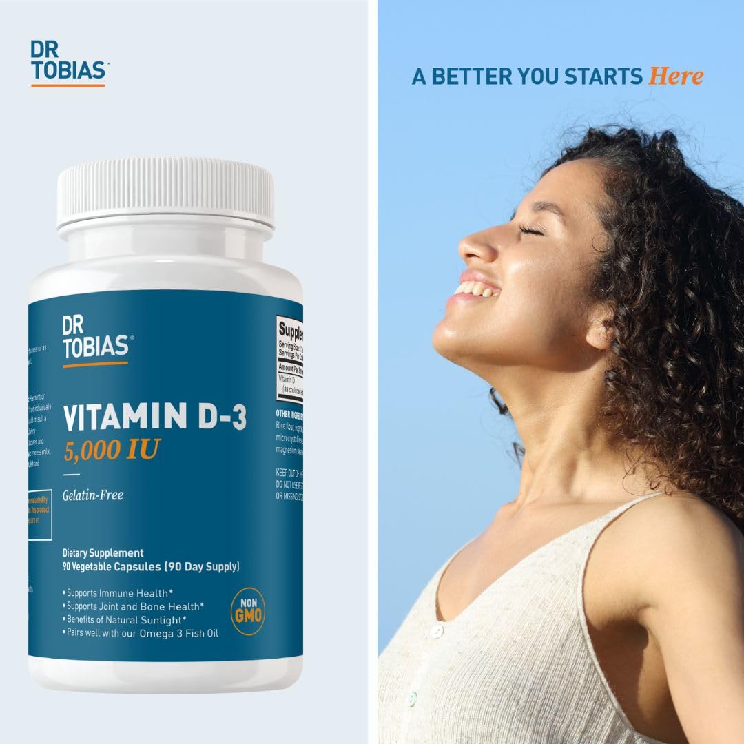 Dr. Tobias Vitamin D3 5000 IU, Essential for Healthy Bones, Teeth, and Immune System, Extra Strength Vitamin D Supplement, Non-GMO, 90 Capsules, 90 Servings Gsupps Australia