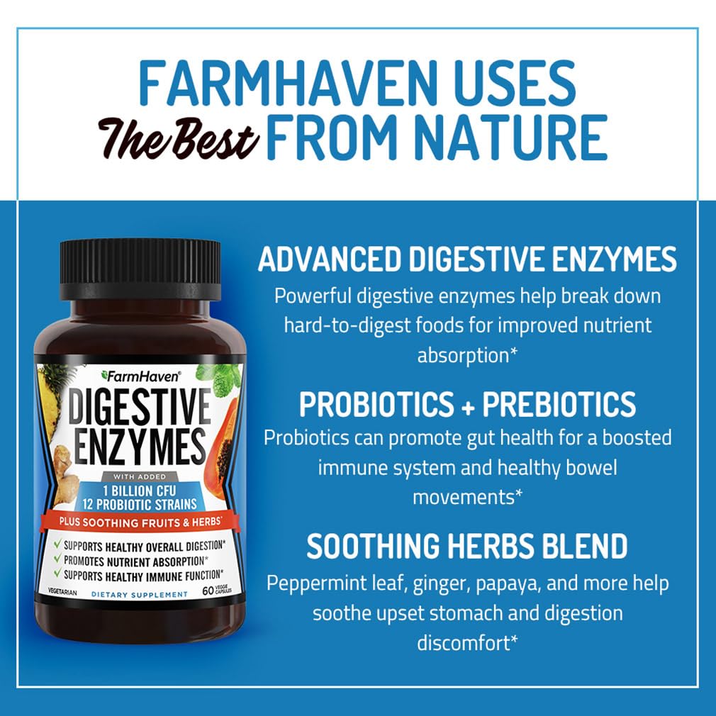 FarmHaven Digestive Enzymes with 18 Probiotics & Herbs | Papaya, Bromelain, Protease & More for Lactose Absorption & Better Digestion | Helps Bloating FarmHaven