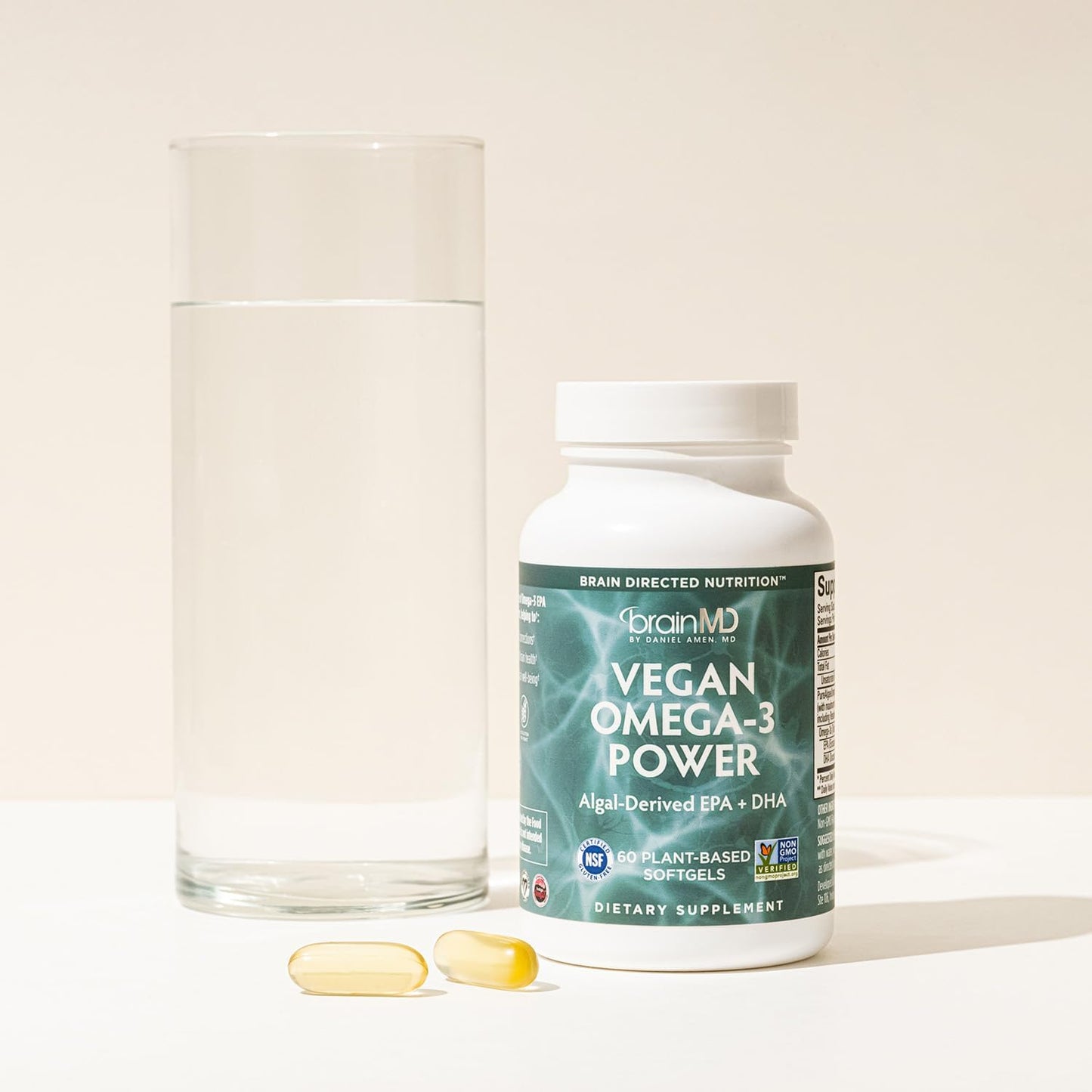 BRAINMD Dr Amen Vegan Omega-3 Power - 60 Plant-Based Softgels - 1,100 mg of EPA & DHA - Supports Focus, Memory & Heart Health - Vegan, Gluten Free & Non-GMO - 30 Servings Gsupps Australia