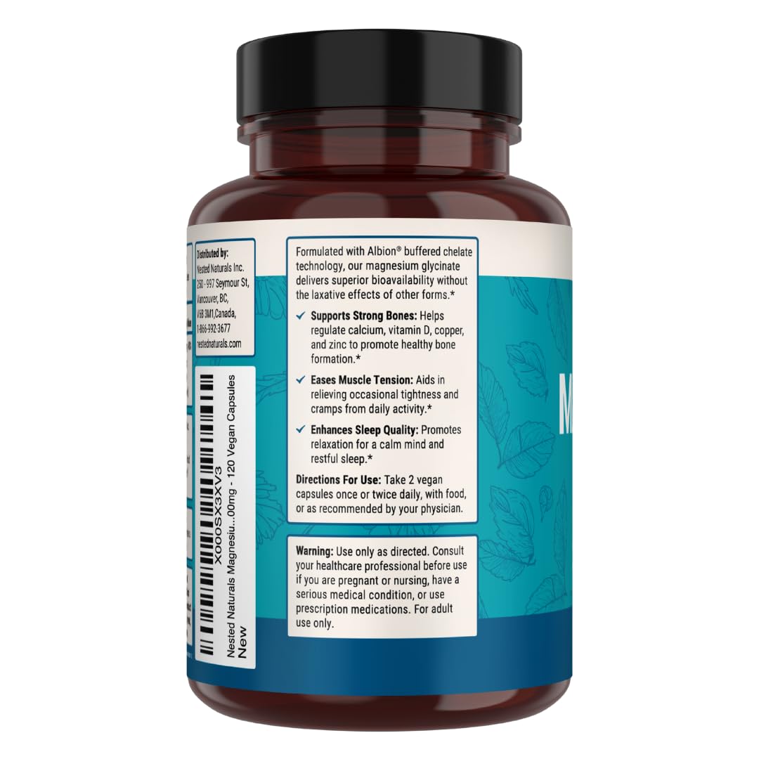 Nested Naturals Magnesium Glycinate Chelate - 200mg Chelated Magnesium Supplement for Muscle Cramps, Relaxation, & Sleep Support - 100% Albion TRACCS Buffered Nested Naturals