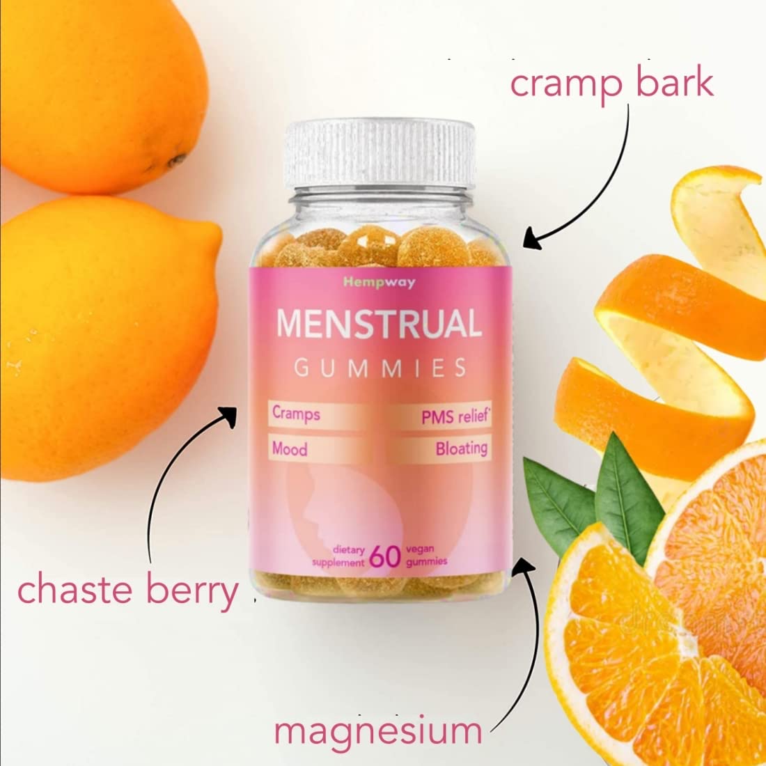 HEMPWAY Menstrual Gummies for Women May Help Support Bloating, Period Relief | Plant-Based | Cramp Bark, Magnesium, Chaste Berry | Vegan | Orange 60ct HEMPWAY