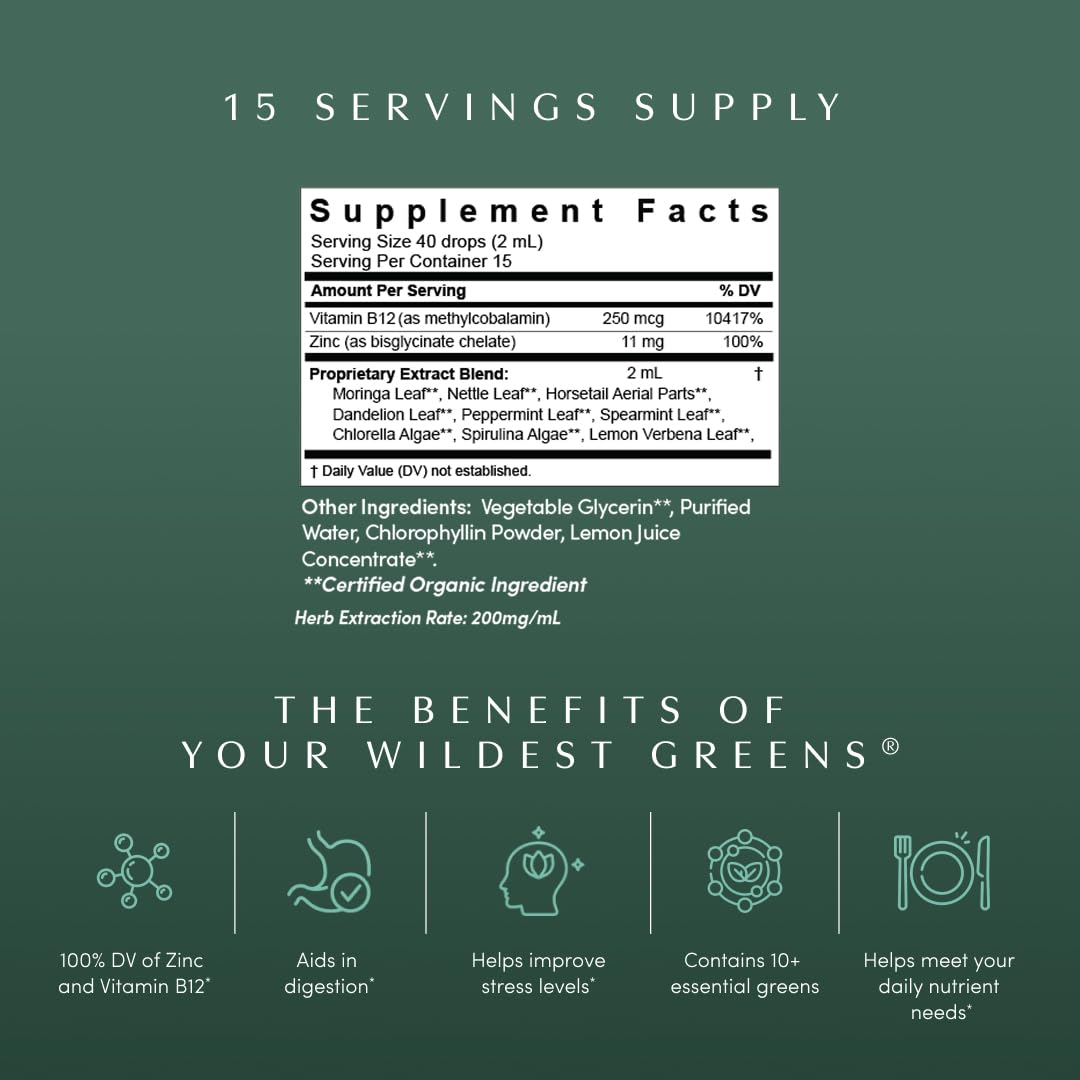 Apothékary Your Wildest Greens Herbal Liquid Drops, All-in-One Daily Superfood Supplement, Vitamin & Mineral Support, 5X Potency of Greens Powders, Sugar Free, Calorie Free, (15 Servings) 1.22oz Apothékary