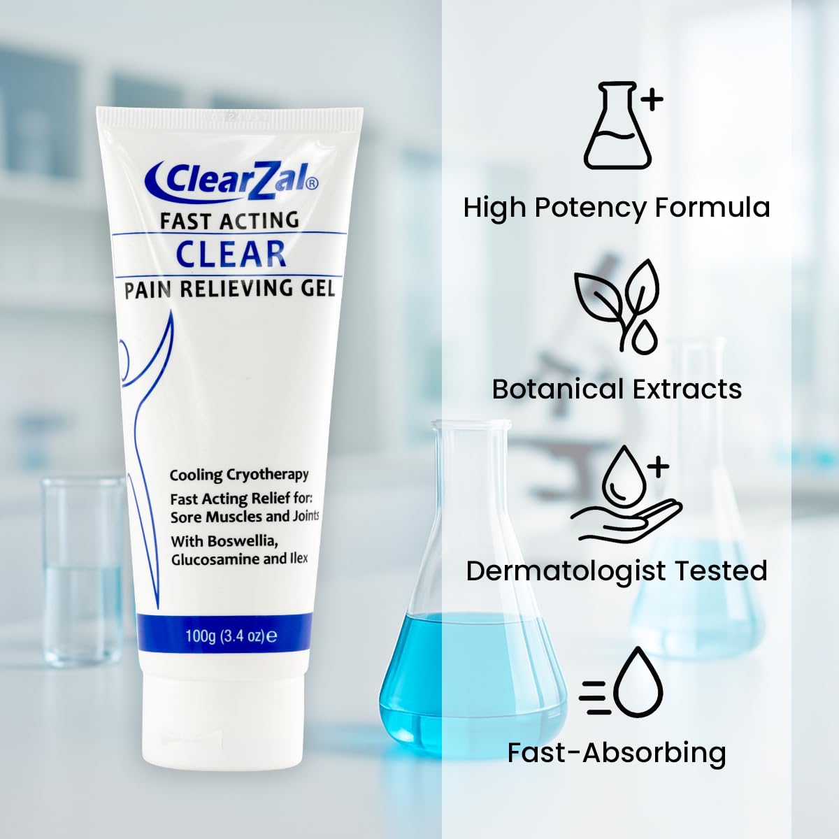 ClearZal Fast Acting Clear Pain Relieving Gel with Cooling Cryotherapy, Boswellia and Glucosamine for Sore Muscles and Joints, Soothing Cooling Gel 3.4 oz Clearzal