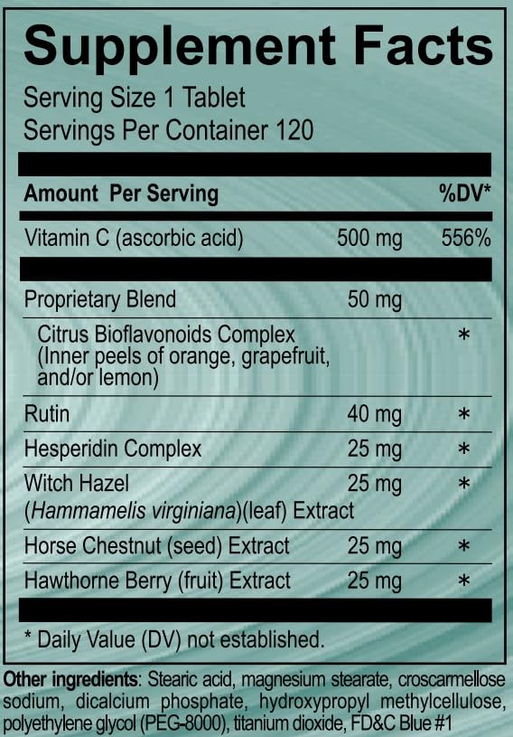 Vasoflex Vitamin C, Citrus Bioflavonoids Complex, Rutin, Hesperidin Complex, Witch Hazel Extract, Horse Chestnut Extract, Hawthorne Berry Extract Leg Vein Supplement Tablets, 120ct Vasoflex