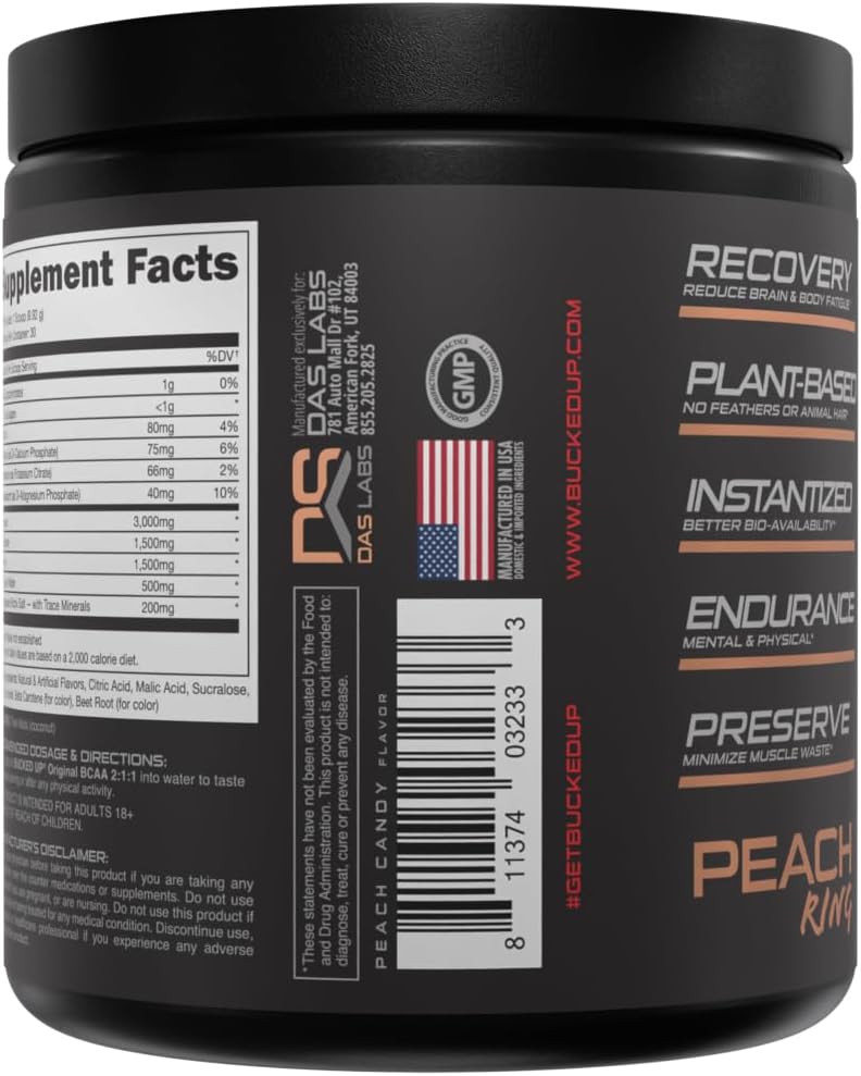 Bucked Up Original BCAA 2:1:1 Branched Chain Essential Amino Acids - Supplement Powder - | 100% Pure 2:1:1 Instantized Formula | Pre/Post Workout | 30 Servings | (Peach Ring Flavor) Gsupps Australia