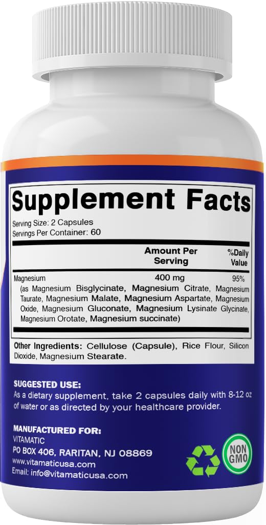 Vitamatic Magnesium Complex, 400mg Elemental MG (as Bisglycinate, Citrate, Taurate, Malate, Aspartate, Oxide, Gluconate, Lysinate Glycinate, Orotate, Succinate) - 120 Capsules per Pack - 2 Pack Vitamatic