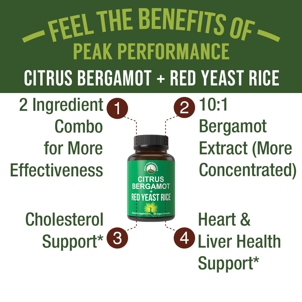 Citrus Bergamot + Red Yeast Rice. 2-in-1 Supplement. High Strength 10:1 Bergamot Extract. No Gluten, Zero Sugar, Vegan Capsules Peak Performance
