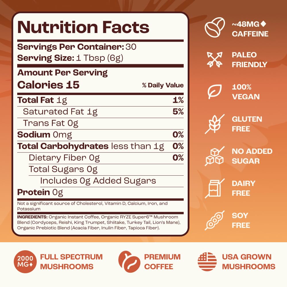 RYZE SUPERFOODS Mushroom Medium Roast Coffee USDA Organic with 6 Adaptogenic Mushrooms, USA Grown Instant Coffee for Better Energy RYZE SUPERFOODS