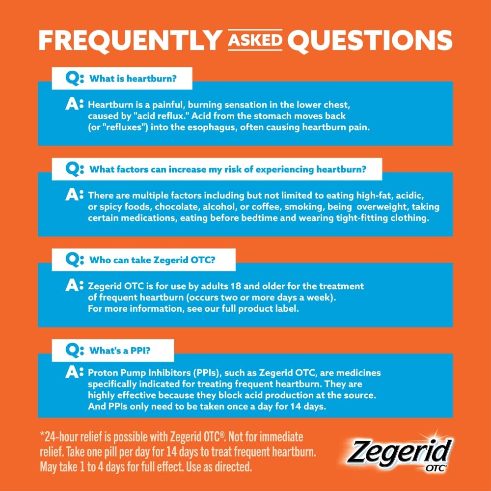 Zegerid OTC, 24-Hour Heartburn Relief, Acid Reflux Medicine and Antacid, Treats Frequent Heartburn, Omeprazole 20mg + Sodium Bicarbonate, Proton Pump Inhibitor (PPI), Two 42ct Cartons Zegerid OTC