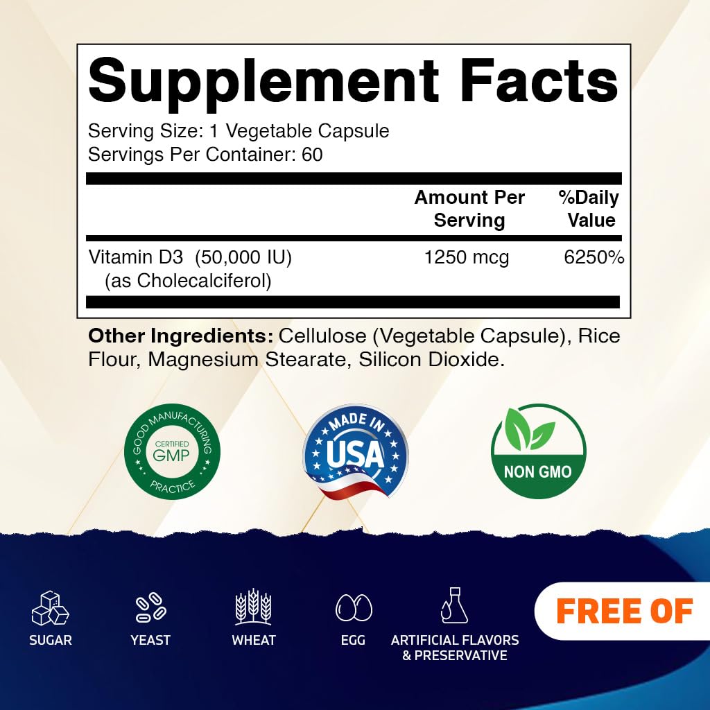 Vitamatic Vitamin D3 50,000 IU (as Cholecalciferol), Once Weekly Dose, 1250 mcg, 60 Veggie Capsules 1 Year Supply, Progressive Formula Helping Vitamatic