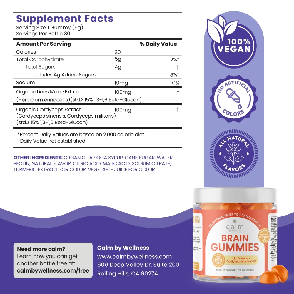 Calm by Wellness Lion’s Mane Gummies for Adults – Vegan Mushroom Gummies with Lion’s Mane & Cordyceps for Brain Support, Memory & Focus, Immune Boost – Citrus Flavor, 30 Count Calm by Wellness