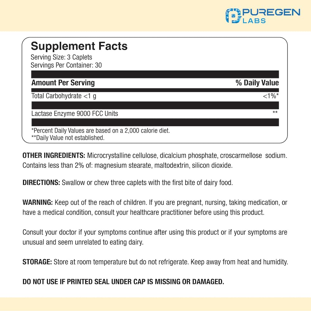 Puregen Labs Dairy Relief Natural Fast Acting Lactase Enzyme 3000 FCC, Lactose Intoleran P Puregen Labs