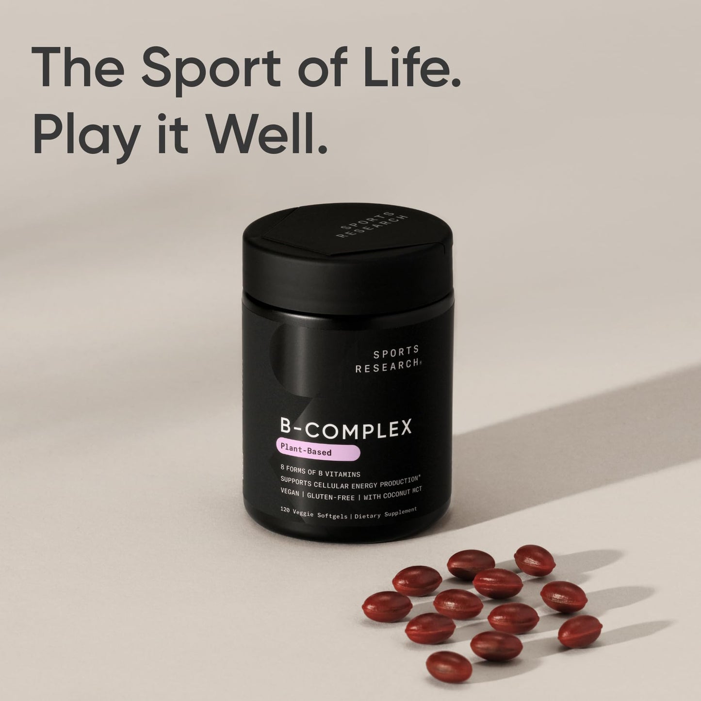 Sports Research® Vitamin B-Complex - Full Spectrum of B Vitamins with Methylated B12 & Folate - Gluten Free · Plant-Based · Non-GMO · Vegan-Friendly Formula - 120 Veggie Softgels Sports Research