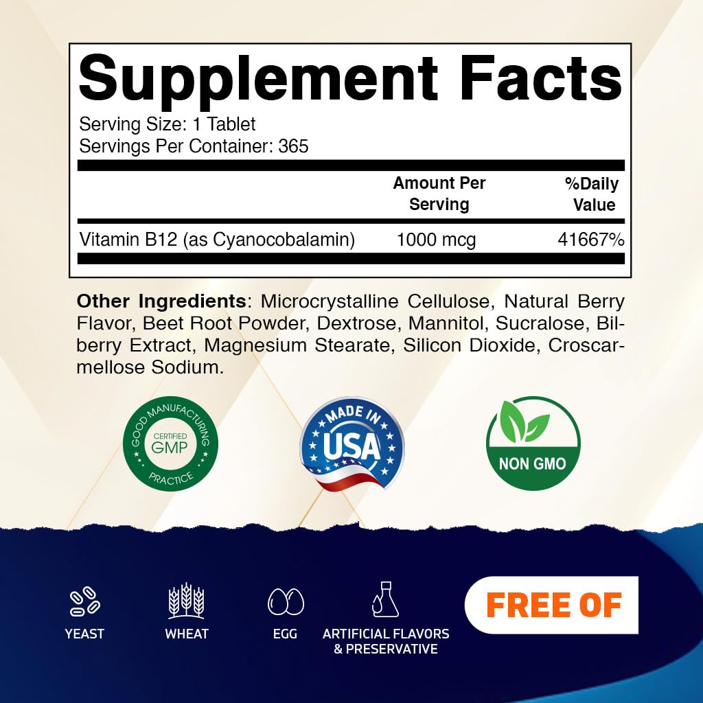 Vitamatic Vitamin B12 1000 mcg Fast Dissolve – 365 Tablets – Natural Berry Flavor – Supports Energy Metabolism Vitamatic