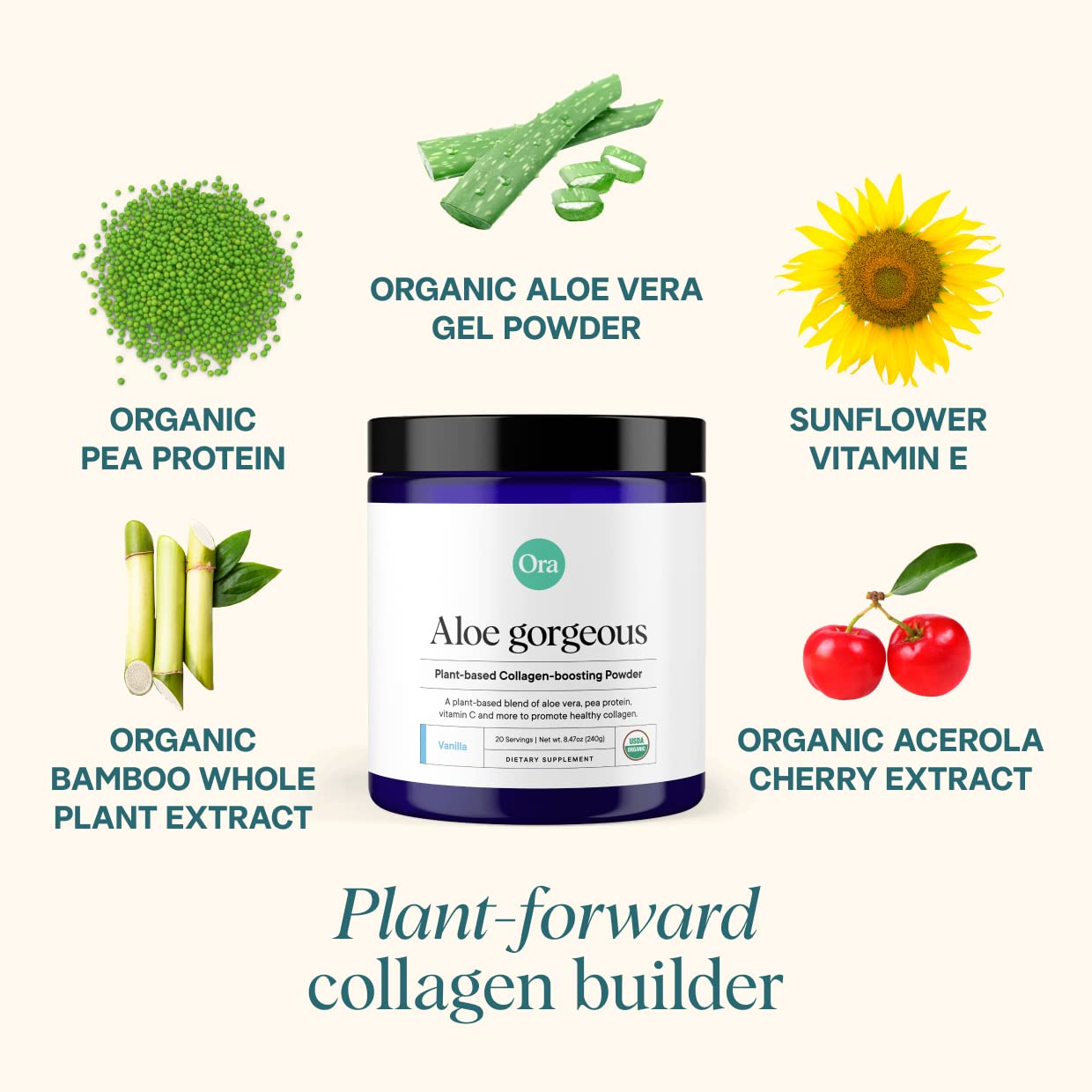 Ora Organic Vegan Collagen-Boosting Powder for Women and Men - Hair, Skin, & Nails Support - Bamboo Silica, Plant-Based Protein, Organic Vitamin C, Aloe Vera - Vanilla Flavor, 20 Servings Ora Organic