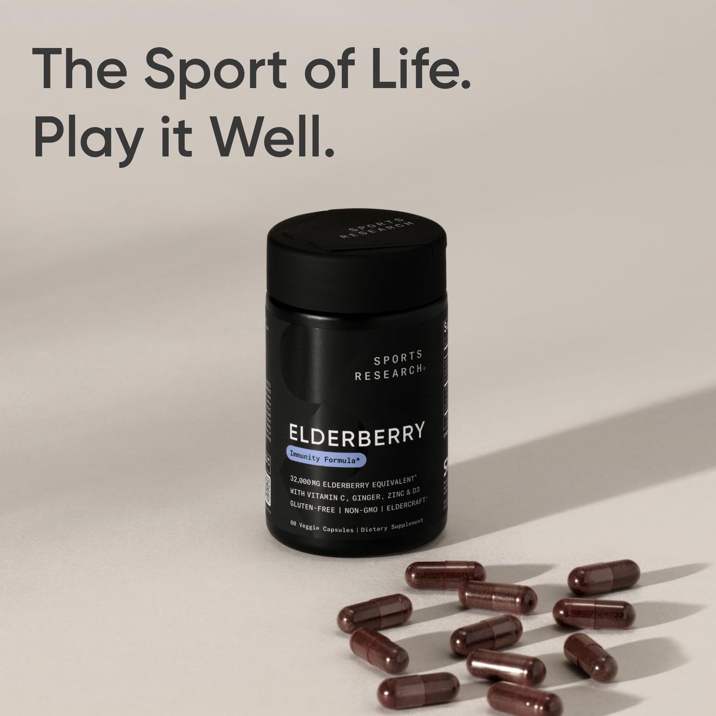 Sports Research® Elderberry Immune Support with Zinc, Ginger, Vitamin C & D3 - Vegan Friendly · Non-GMO · Gluten Free - 60 Veggie Capsules Sports Research