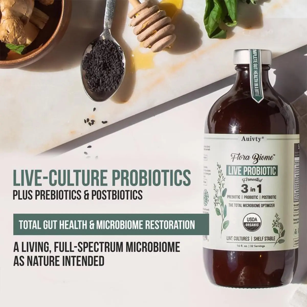 Auivty Flora Biome Live Probiotic Liquid, 3-in-1 Probiotic + Prebiotic + Postbiotic, 30 Billion CFU (at Time of Manufacture), 10 Strains, Fermented Herbal Blend with 18 Herbs, Shelf Stable, 16 fl oz Auivty