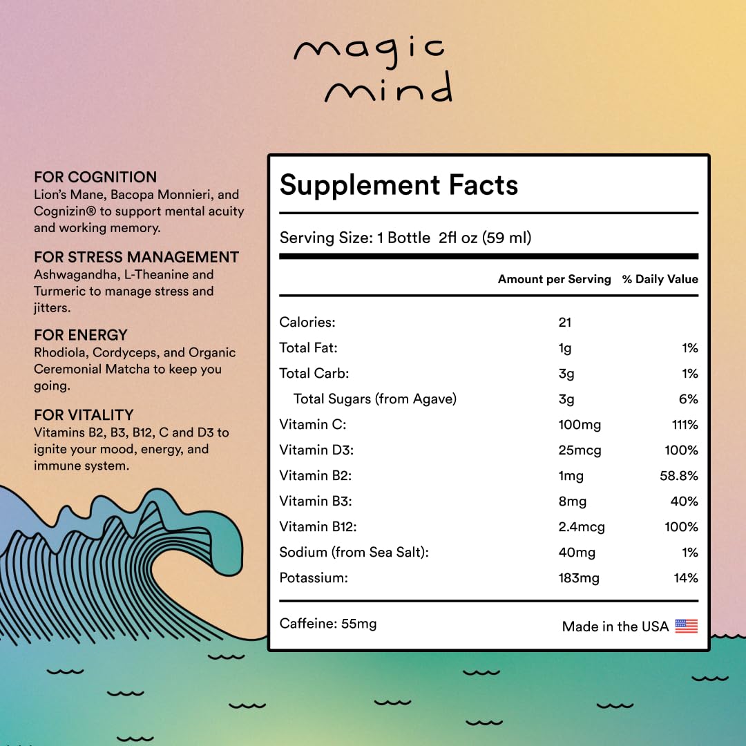 Magic Mind Focus Energy Drink Shots - No Jitters, Stress Relieving, Ashwagandha, Functional Mushrooms, Matcha Green Tea, Vitamin B12, Vitamin C - 2 FL Oz (5 Pack) Magic Mind