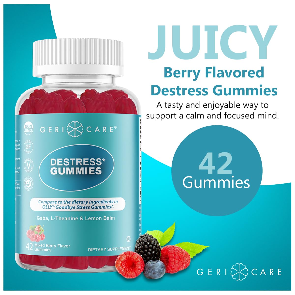 GeriCare DeStress Gummies with GABA, L-Theanine & Lemon Balm Mixed Berry Flavor – 42 Count – Supports Relaxation & Mental Clarity – Non-GMO, Gluten-Free, Vegan GeriCare