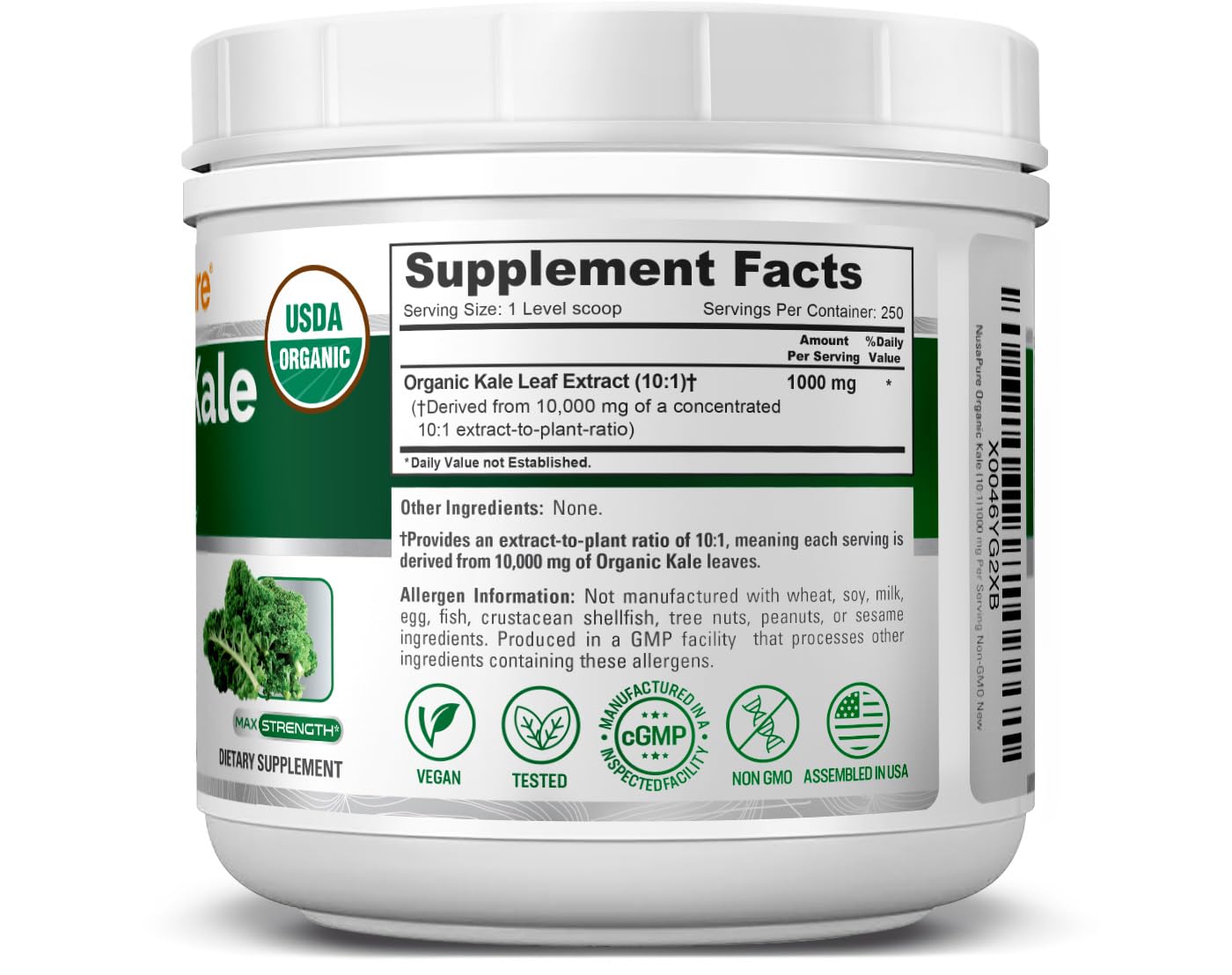 NusaPure Organic Kale Powder Extract 10:1 - Suitable for Vegetarian/Vegan, Non- GMO - 10,000 mg - 250 Capsules NusaPure