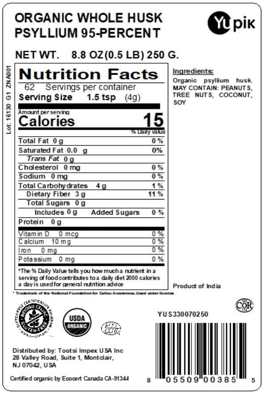Yupik Organic Whole Husk Psyllium 8.8 Oz, 95% Purity, Soluble Fiber, USDA Certified, Non-GMO, Kosher, Gluten-Free, Sugar-Free & Fat-Free, Unflavored Yupik