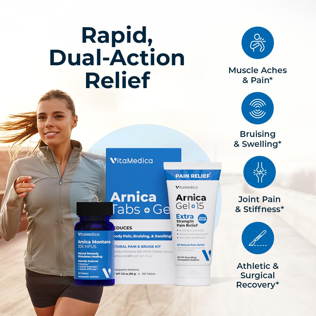 VitaMedica Arnica Montana Tablets & Arnica Gel Bundle – Support for Bruising, Swelling & Soreness, 150 Rapid-Dissolve Tablets + 3 oz Water-Based Gel VitaMedica